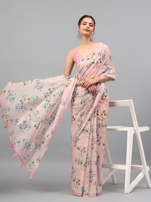 Vasthrlay Peach Pink Floral Printed Organza Saree With Unstitched Blouse