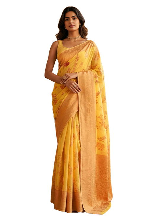 Vasthrlay Yellow Jacquard Floral Saree