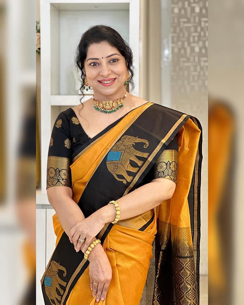 Vasthrlay Orange Banarasi Elephant Unstitched Saree