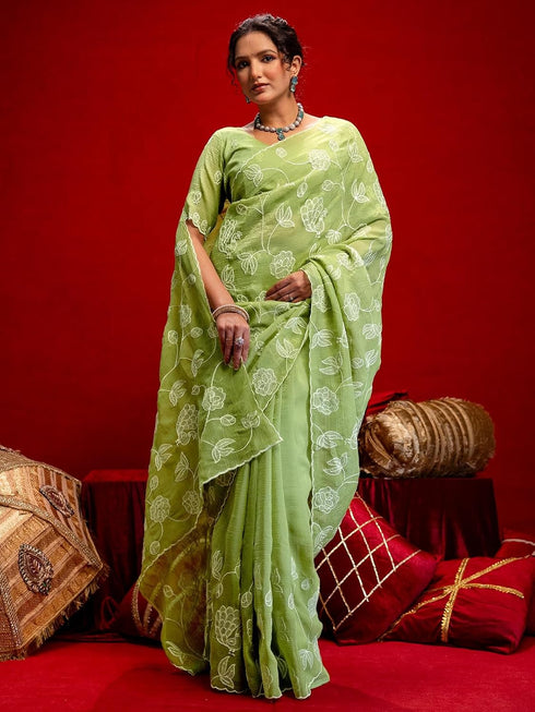Vasthrlay Shimmer Embroidery Lime Saree