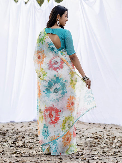 Vasthrlay Womens Printed Unstitched Off White Saree