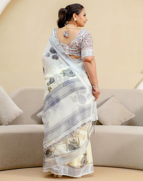 Vasthrlay Womens Printed Unstitched Off White Saree