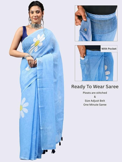 Vasthrlay Blue Womens Ready To Wear One Minute Linen Fabric Saree