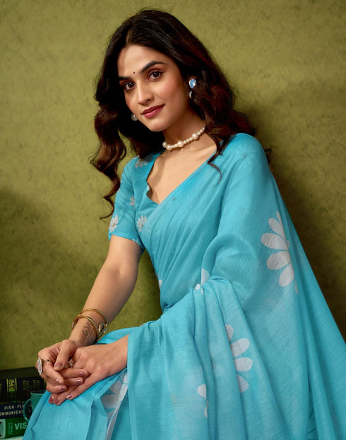 Vasthrlay Chanderi Printed Unstitched Blue Saree