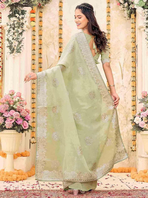 Vasthrlay Shimmer Embroidery Sky Saree