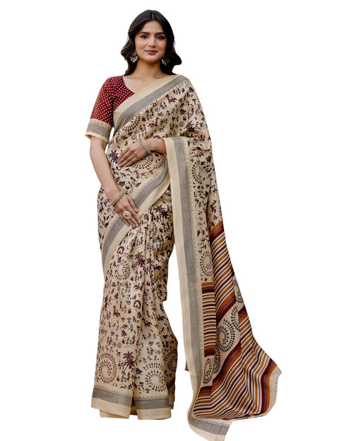 Vasthrlay Womens Printed Unstitched White Saree