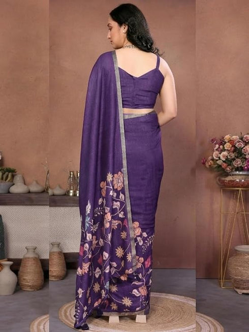 Vasthrlay Purple Floral Linen Saree With Solid Black Unstitched Blouse