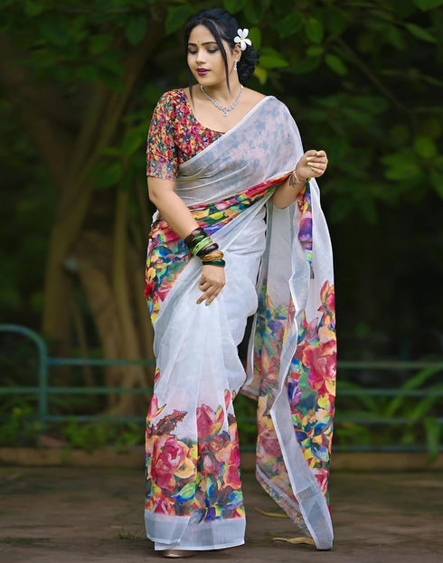 Vasthrlay Womens Unstitched Blouse White Saree