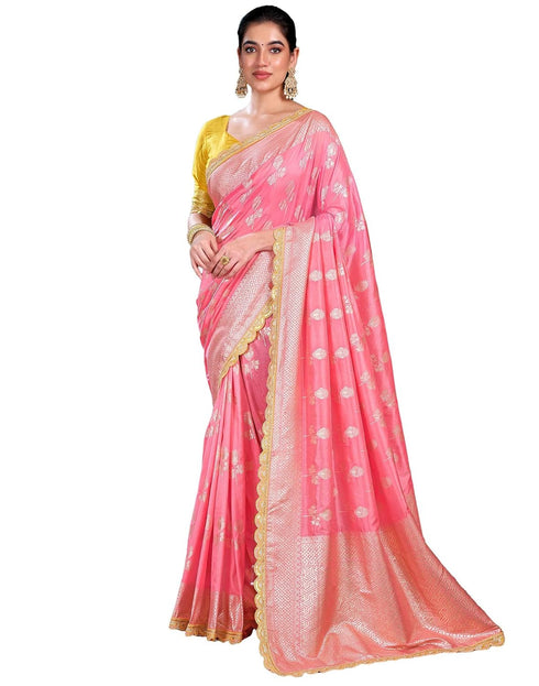 Vasthrlay Banarasi Jacquard Baby Pink Saree With Yellow Unstitched Blouse Piece