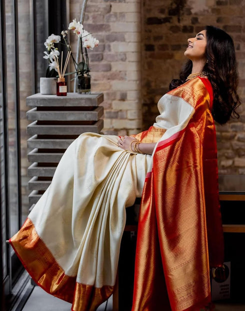 Vasthrlay Jacquard Kanjivaram Unstitched Cream Saree