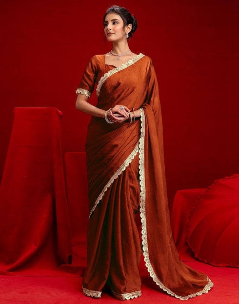 Vasthrlay Womens Blouse Rust Saree With Unstitched Blouse Piece