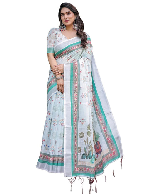 Vasthrlay Womens Printed Unstitched Light Green Saree