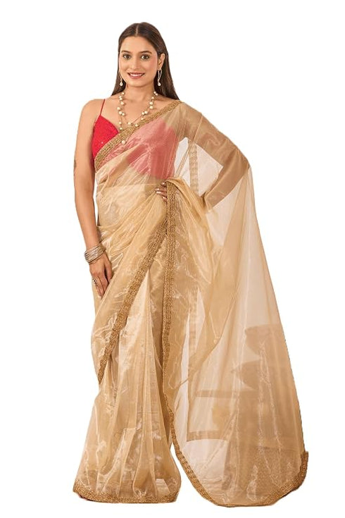Vasthrlay Beige Womens Shimmer Ready To Wear Saree