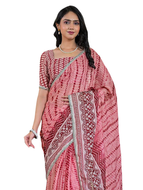 Vasthrlay Chiffon Chevron Unstitched Pista Green Saree