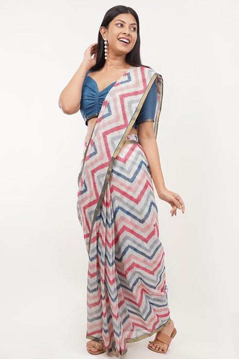 Vasthrlay White Paisley Printed Linen Saree With Unstitched Blouse Piece