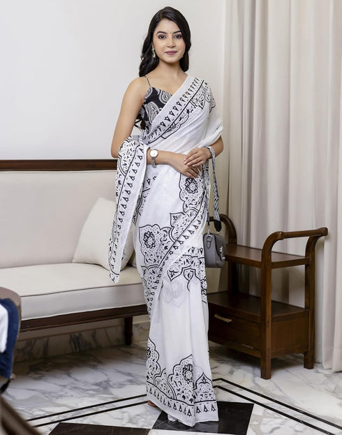 Vasthrlay Special Printed Unstitched Beige Saree