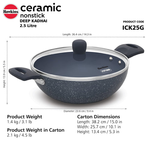 Hawkins Ceramic Nonstick 2.5 Litre Deep Kadhai