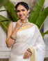 Vasthrlay Special Stripes White And Golden Saree With Unstitched Blouse Piece