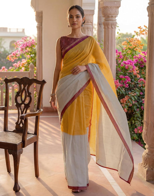 Vasthrlay Womens Printed Unstitched Yellow Saree