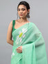 Vasthrlay Lemon Green Linen Floral Printed Saree With Solid Unstitched Linen Blouse Piece
