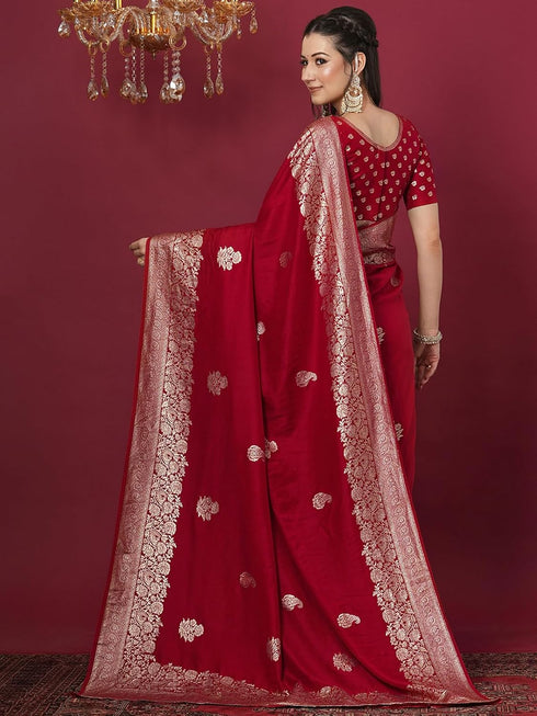 Vasthrlay Banarasi Weaving Red Saree