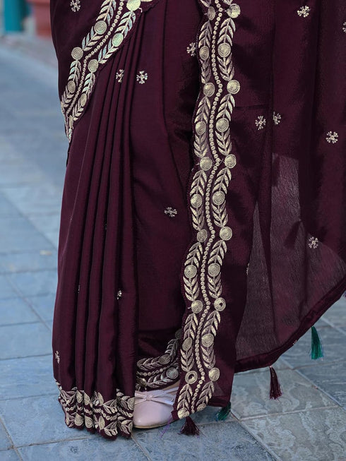 Vasthrlay Chinnon Embroidery Lime Saree