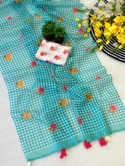 Vasthrlay Checked Pattern Tassels Unstitched