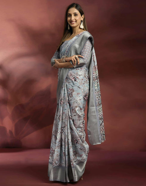 Vasthrlay Womens Printed Unstitched Navy Blue Saree