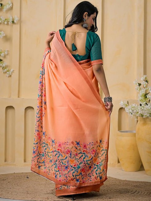 Vasthrlay Womens Printed Unstitched Peach Saree