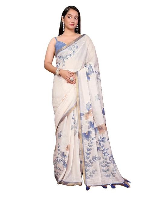 Vasthrlay Cream Womens Linen Ready To Wear Saree