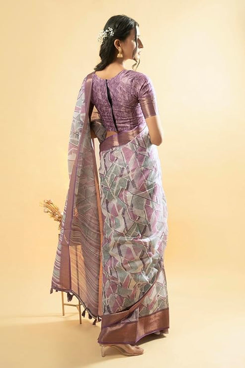 Vasthrlay Pink Geometric Print Polyester Saree With Dull Gold Zari Border And Unstitched Blouse Piece