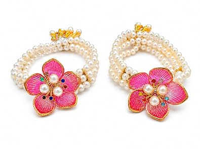 Handcrafted Floral Pearl Bracelet Premium Meenakari Work with Multicolour Stones Pink Pearl Flower Bracelet
