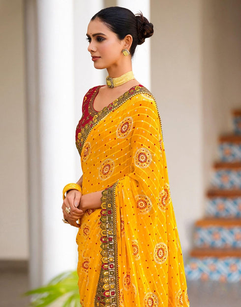 Vasthrlay Bandhani Printed Georgette Sequence Lace Scalloped Yellow Saree with Unstitched Blouse Piece