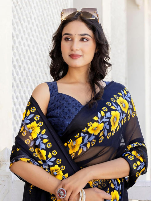Vasthrlay Georgette Printed Unstitched Dark Green Saree