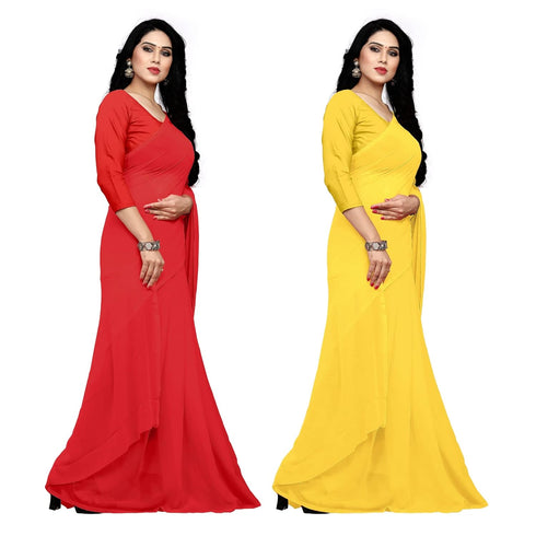 Vasthrlay Georgette Unstitched Yellow Red Free Ethnic Wear