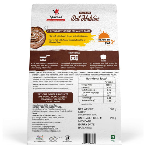 MAZAYA Heat & Eat Fully Cooked Ready To Eat Dal Makhni (Veg)