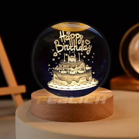 3D Crystal Happy Birthday Lamp, Engraved Crystal Ball LED Night Light with Wooden Base