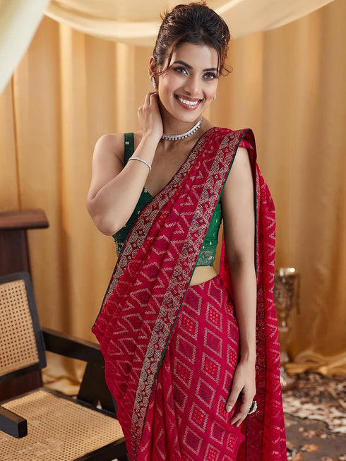 Vasthrlay Georgette Bandhani Unstitched Dark Green Saree
