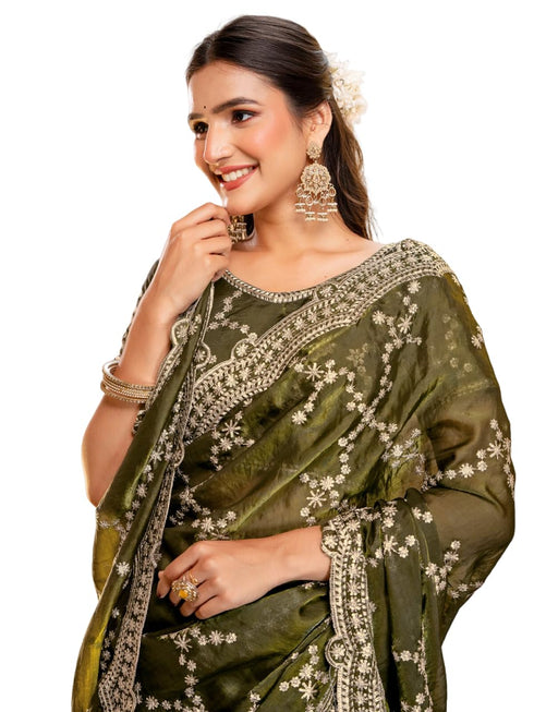 Vasthrlay Scalloped Embroidery Unstitched Light Green Saree