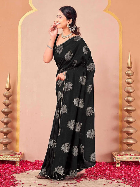 Vasthrlay Vichitra Printed Unstitched Rani Pink Saree