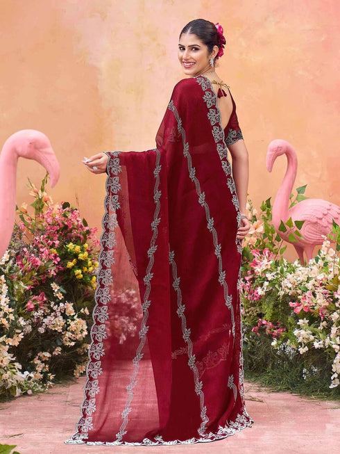 Vasthrlay Shimmer Chiffon Unstitched Maroon Saree
