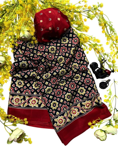 Vasthrlay Ajrakh Saree Crepe