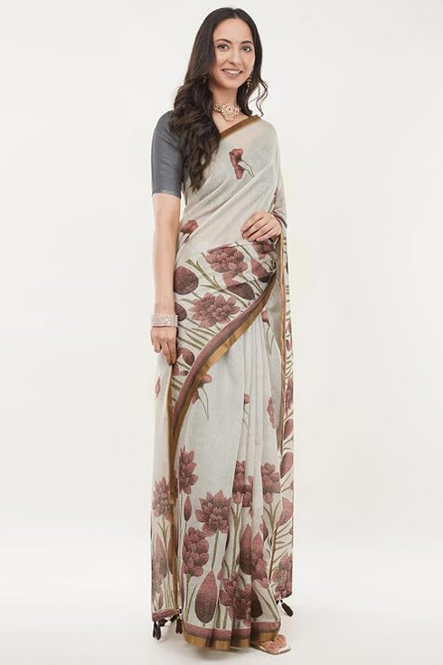 Vasthrlay Off White Rose Botanical Printed Linen Saree With Self Woven Border And Unstitched Blouse Piece