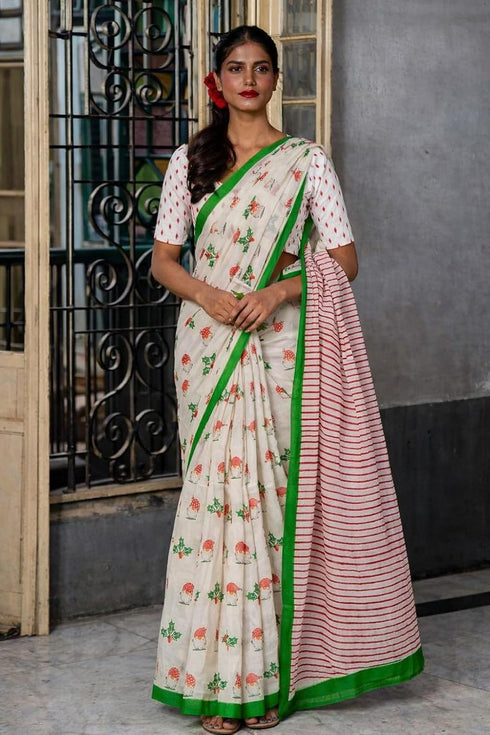 Vasthrlay Off White Floral Border Striped