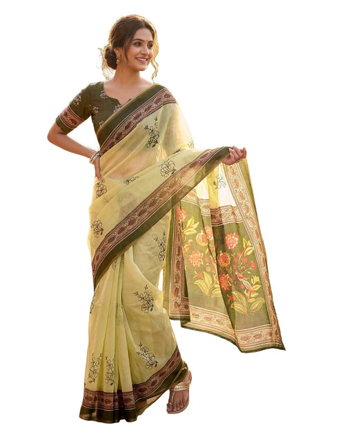 Vasthrlay Womens Printed Unstitched Olive Green Saree