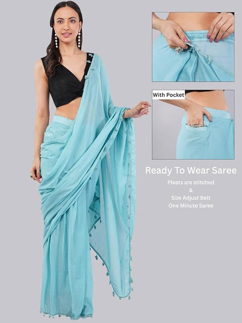 Vasthrlay Womens Turquoise Blue Cotton Ready To Wear Saree