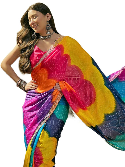 Vasthrlay Scalloped Embroidery Unstitched Lime Green Saree