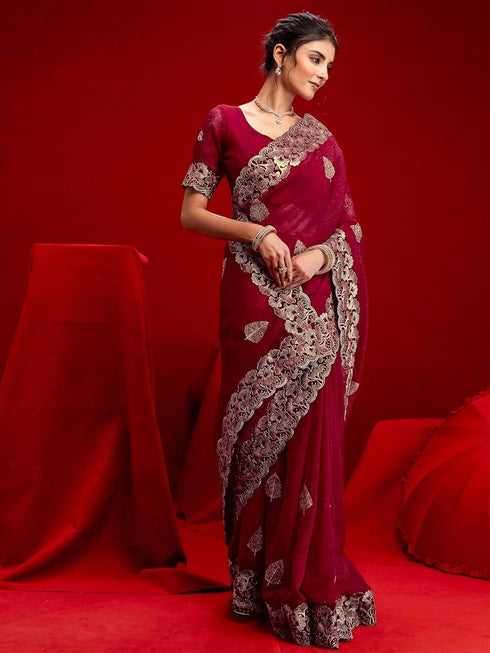 Vasthrlay Scalloped Embroidery Maroon Saree