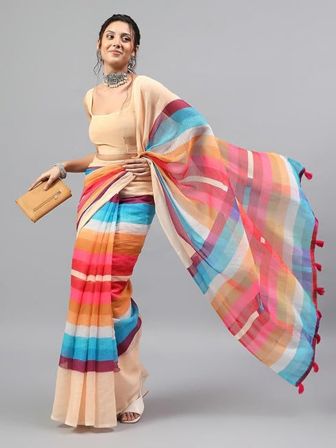 Vasthrlay Beige Linen Floral| Striped| Check Design Printed Saree With Solid Unstitched Linen Blouse Piece