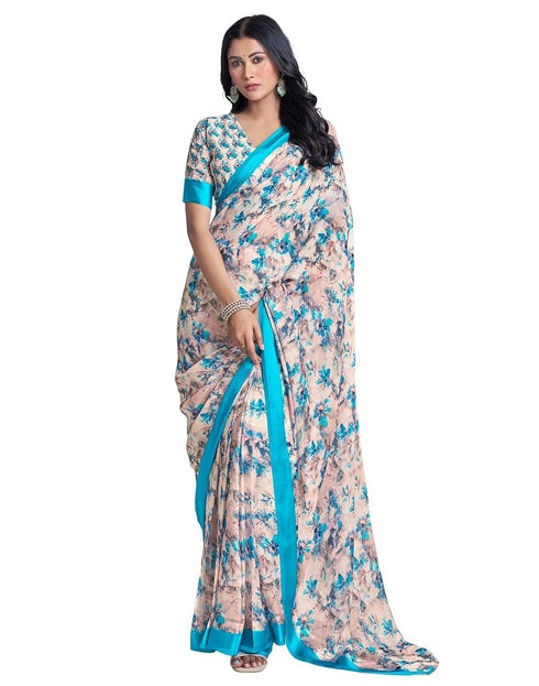 Vasthrlay Georgette Printed Teal Blue Saree With Unstitched Blouse Piece